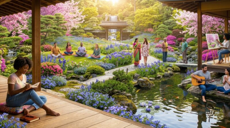 A group of creative people are sitting in a beautiful Japanese style garden